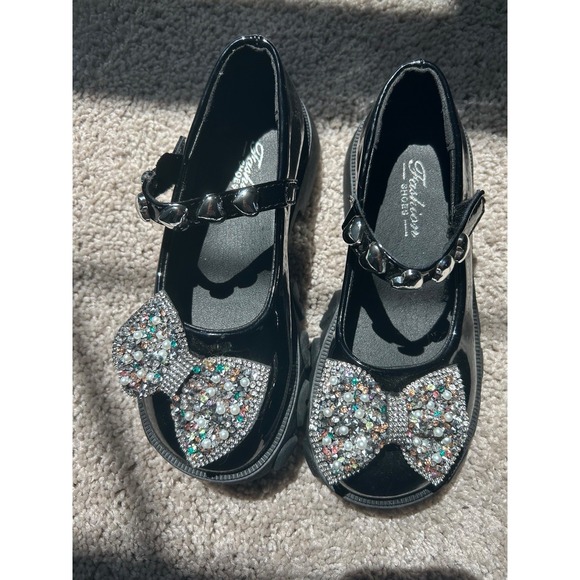 Szzy Other - Girls Black Patent Mary Jane Shoes Bow Rhinestone Dress Shoes Size 13 Kids